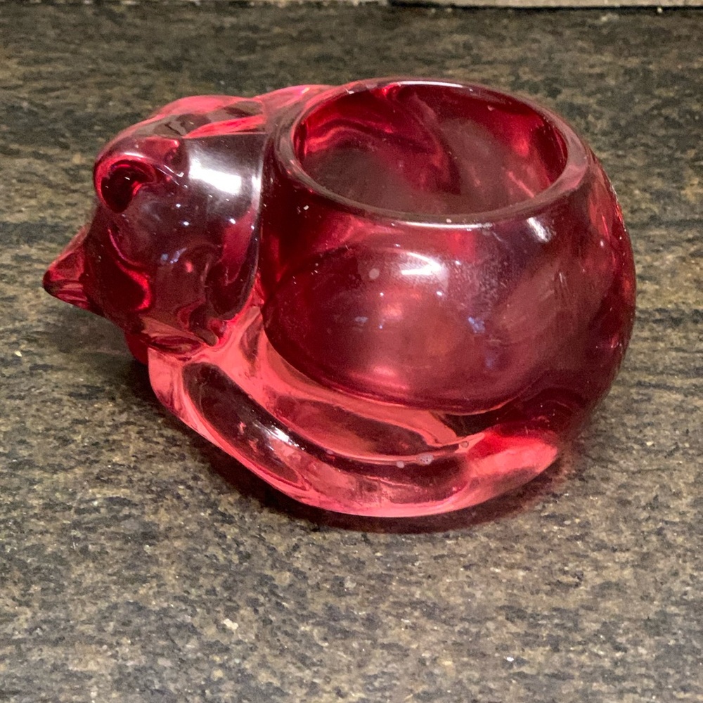 INDIANA GLASS | Vintage Cranberry Glass Sleeping Cat Votive Candle Holder